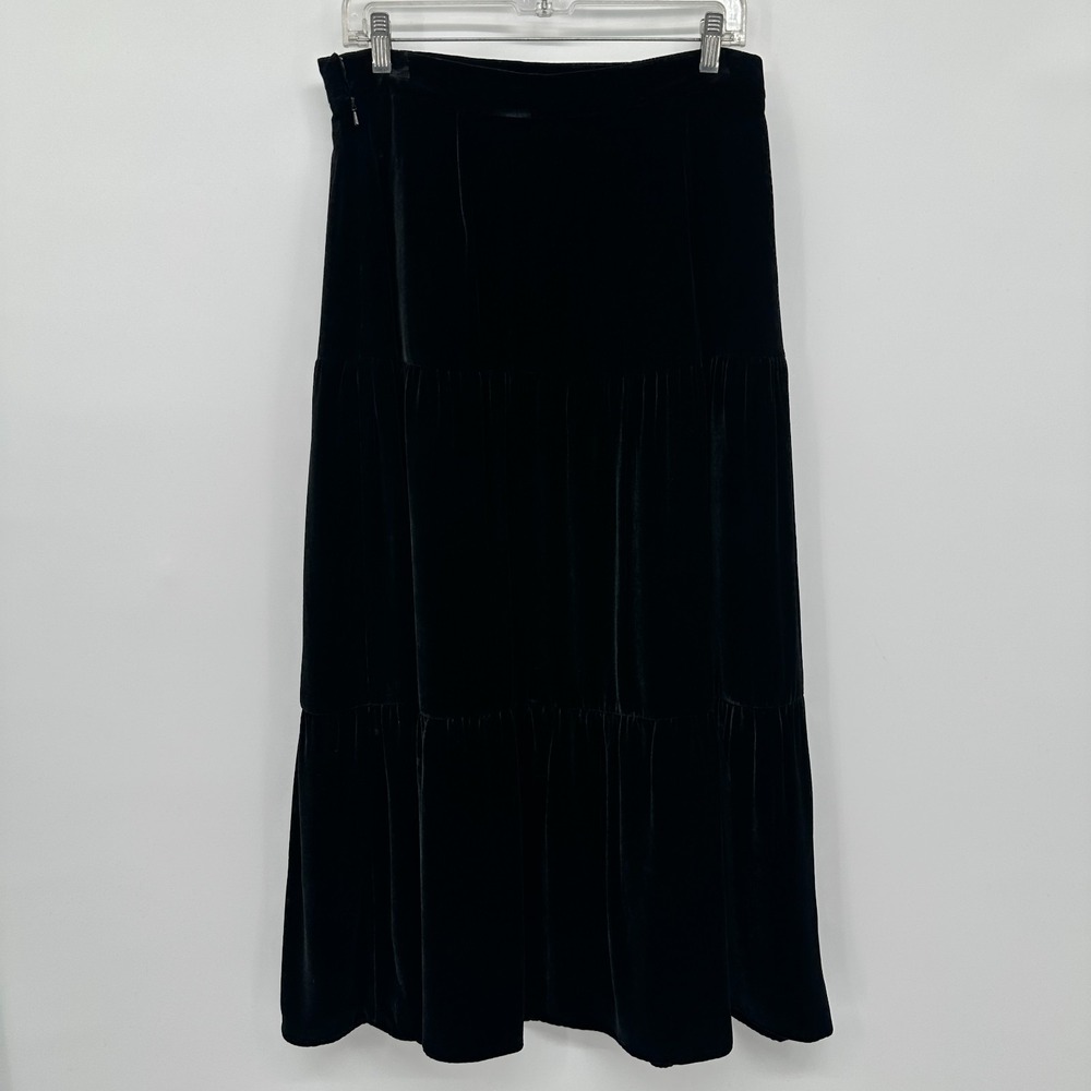 Vintage Liz Claiborne Black Velvet Maxi Skirt Size 12 Lined Tiered Romantic Silk - Picture 5 of 9